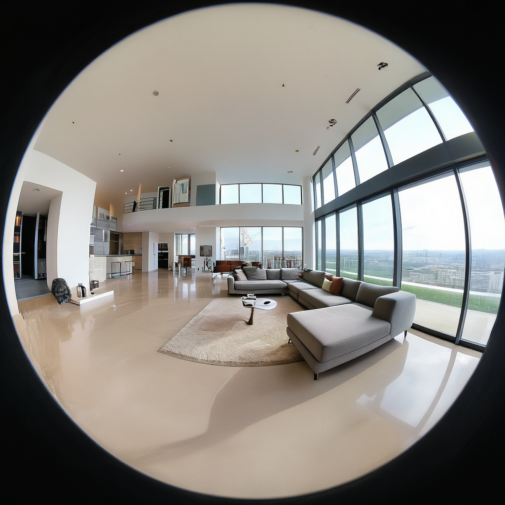 A wide-angle shot of a modern living room interior showing e