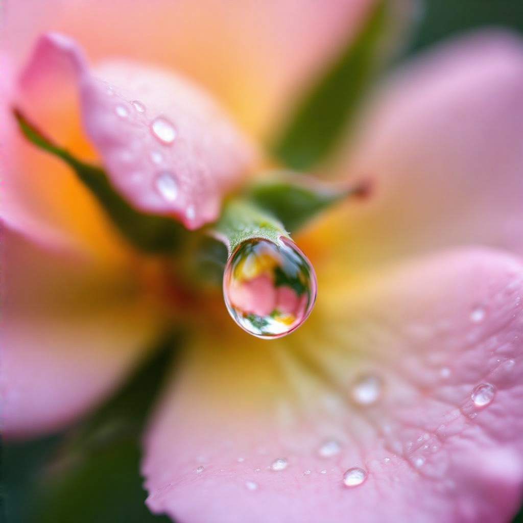 A close-up macro shot of a single dewdrop on a rose petal, s