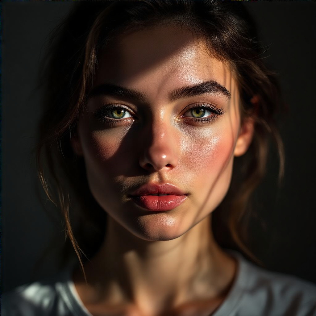 A portrait with dramatic split lighting — half the face brig
