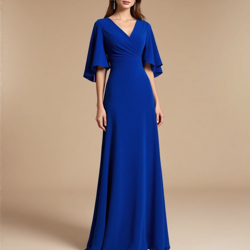 A woman wearing a royal blue evening dress against a neutral