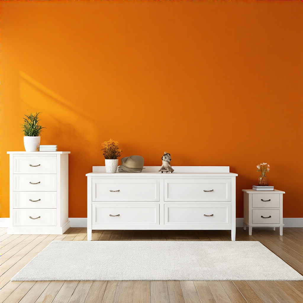 A bedroom wall painted in #FF6B35 (burnt orange) with white 