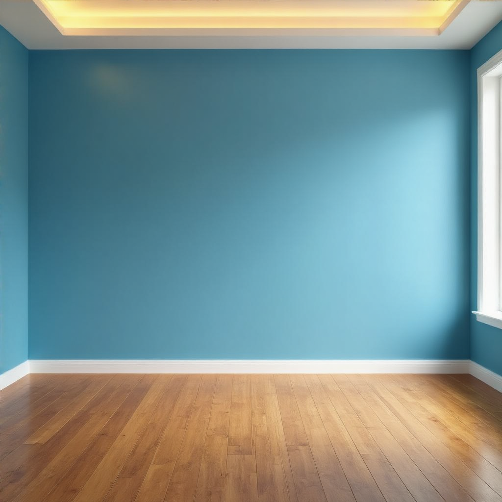 A room with walls in #4A90D9 (medium blue) with warm wooden 