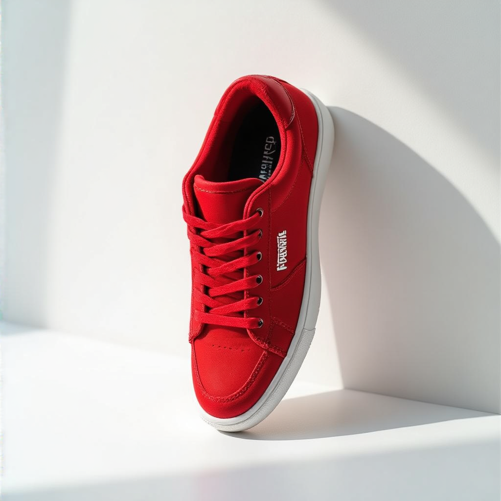 A single red sneaker on a clean white background with soft s
