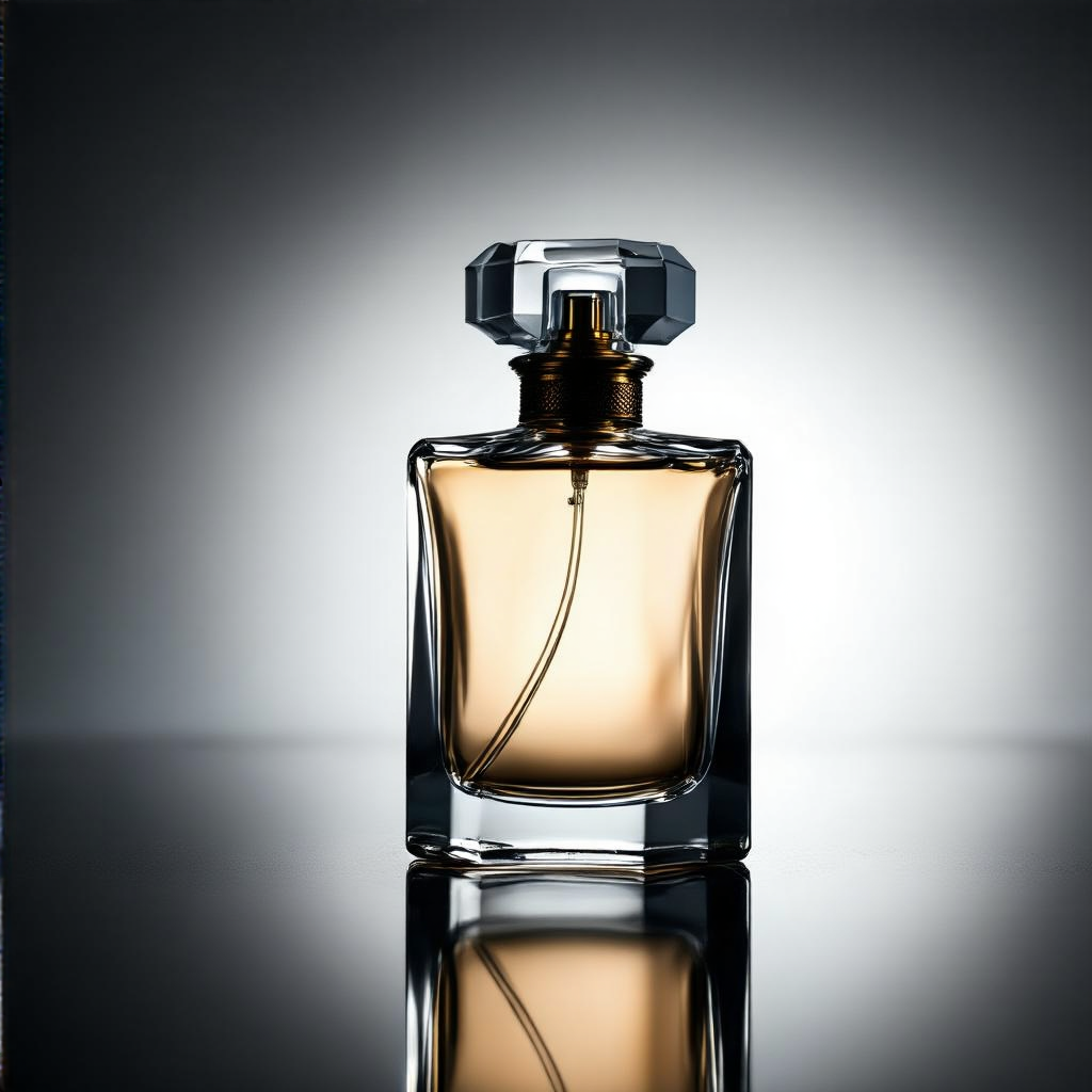 A clear glass perfume bottle on a reflective black surface w