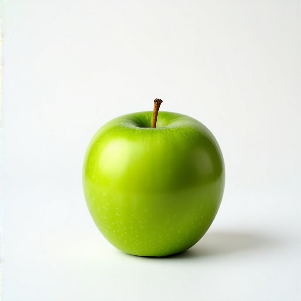 A ripe green apple on a seamless white background with soft 
