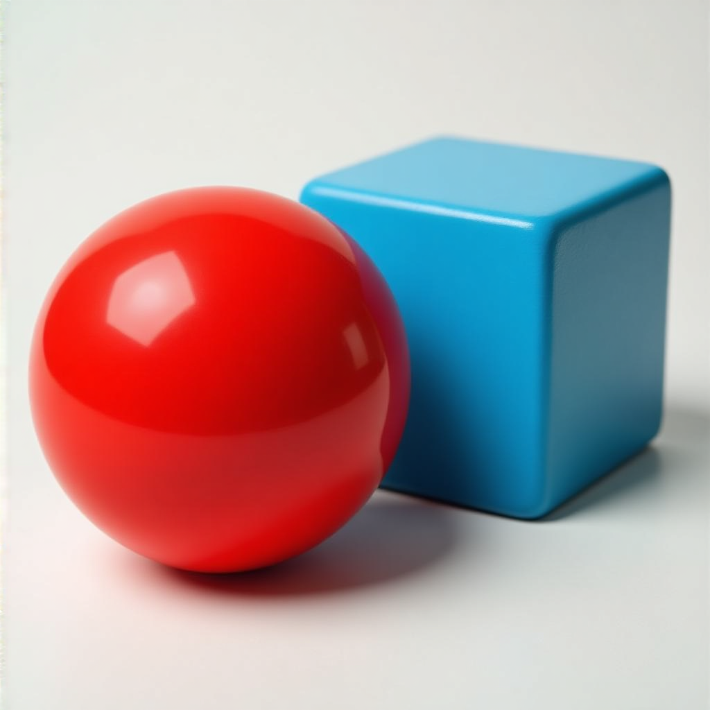 A red ball and a blue cube sitting side by side on a white s