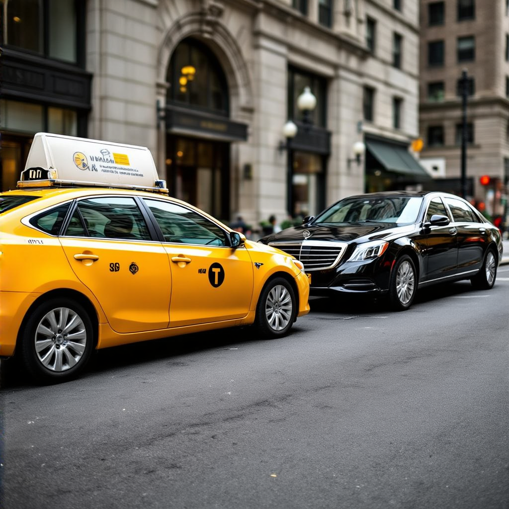 A yellow taxi and a black limousine parked next to each othe