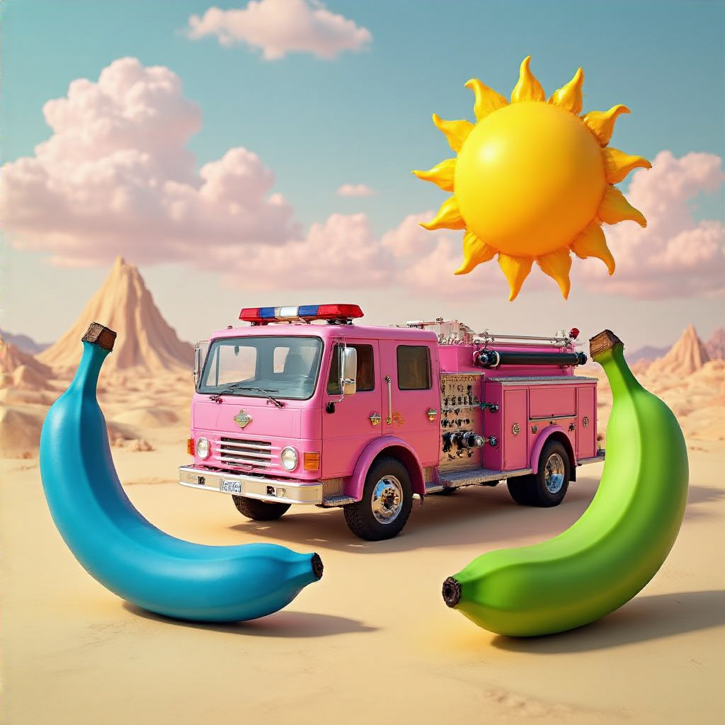 A pink fire truck, a blue banana, and a green sun in a surre