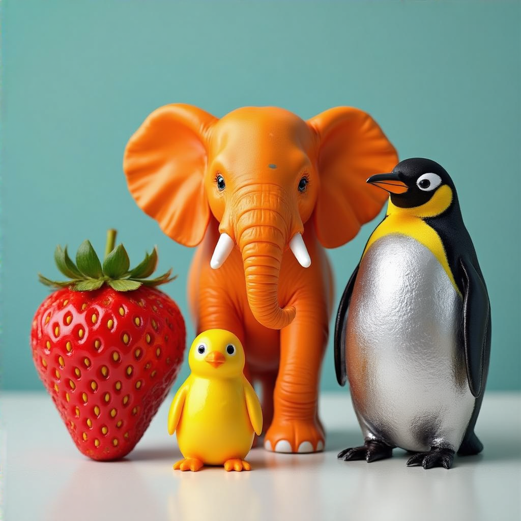 An orange elephant, a yellow penguin, and a silver strawberr