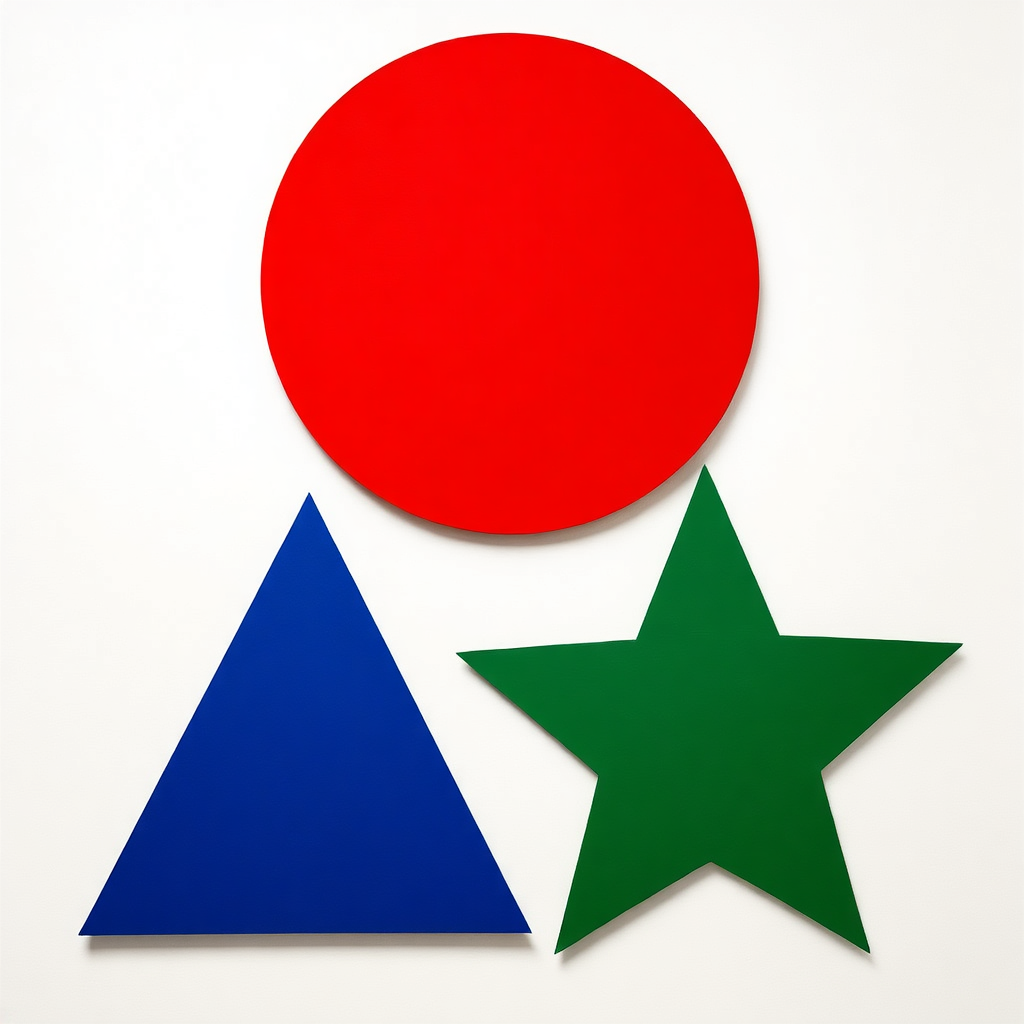 A large red circle, a small blue triangle, and a medium gree