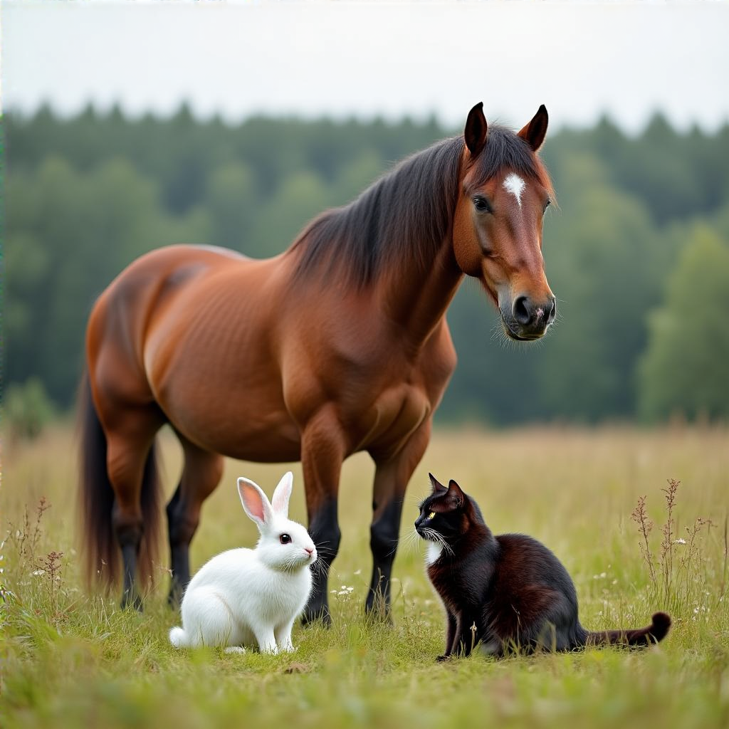 A big brown horse, a small white rabbit, and a medium-sized 
