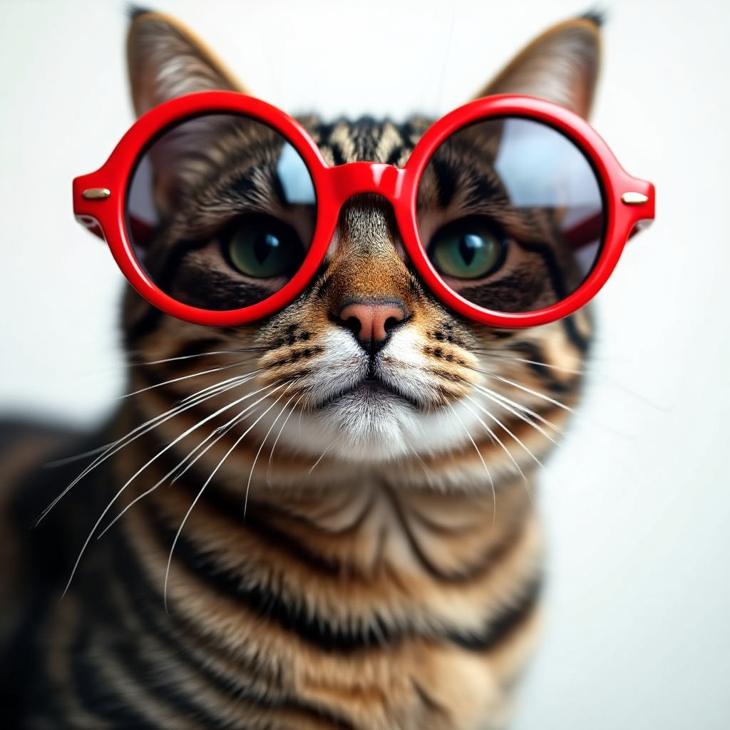 A tabby cat wearing oversized red sunglasses
