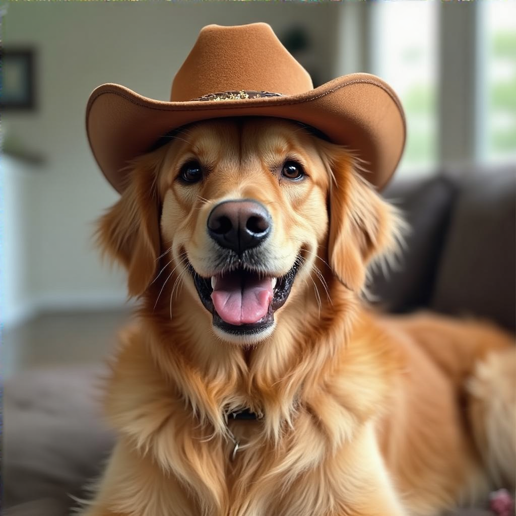 A golden retriever wearing a tiny cowboy hat
