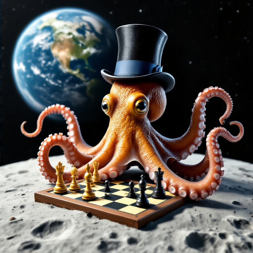 An octopus wearing a top hat and monocle playing chess on th
