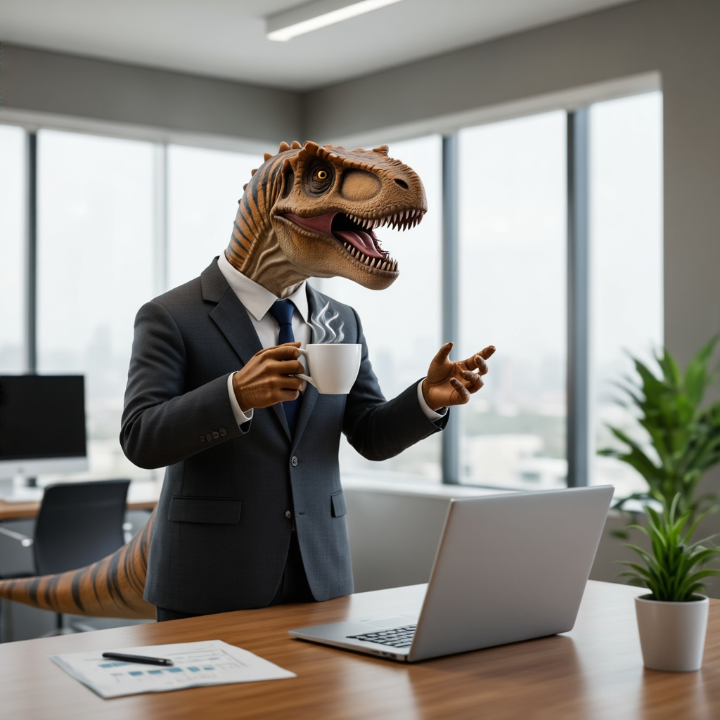 A dinosaur in a business suit giving a PowerPoint presentati