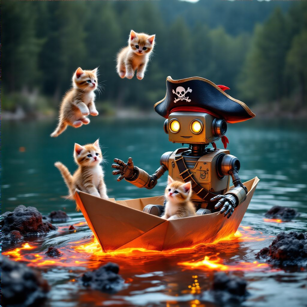 A robot dressed as a pirate sailing a paper boat on a lake o