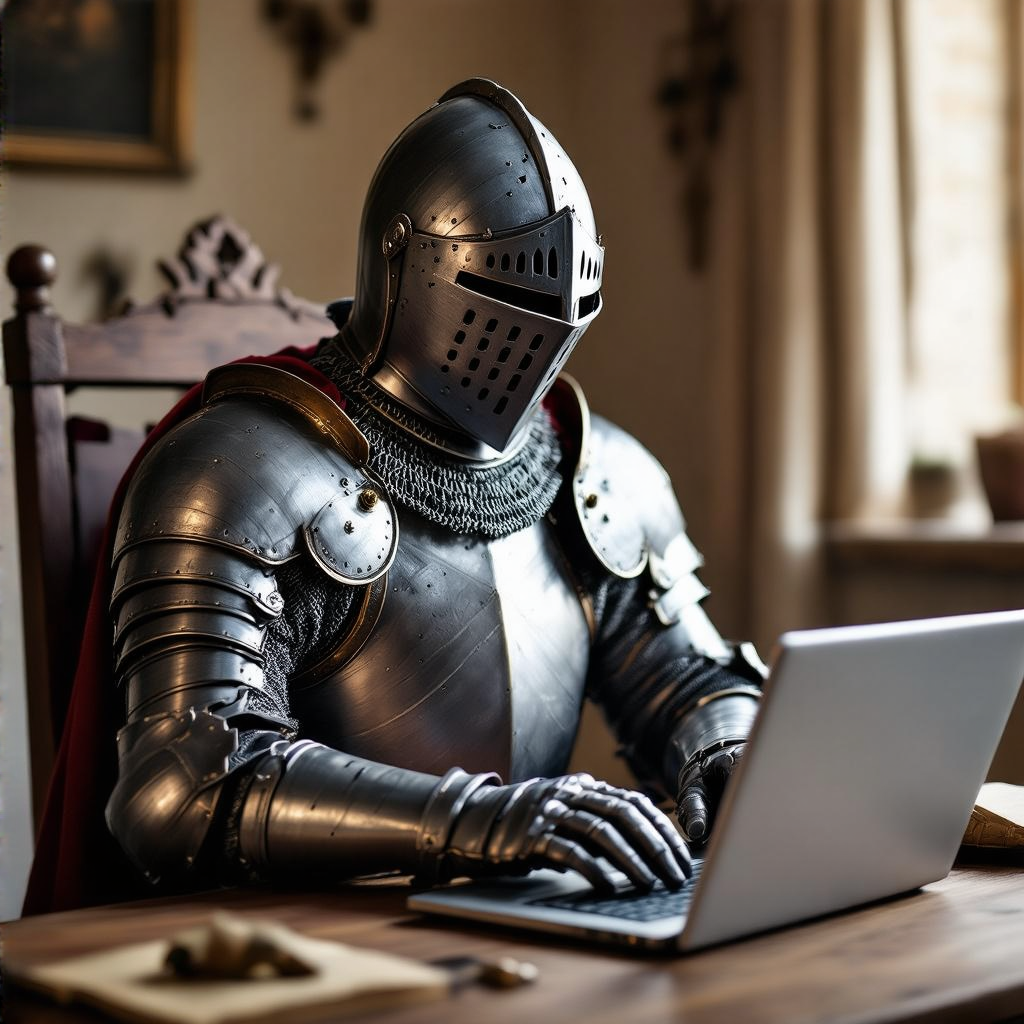 A medieval knight in full armor sitting at a desk typing on 