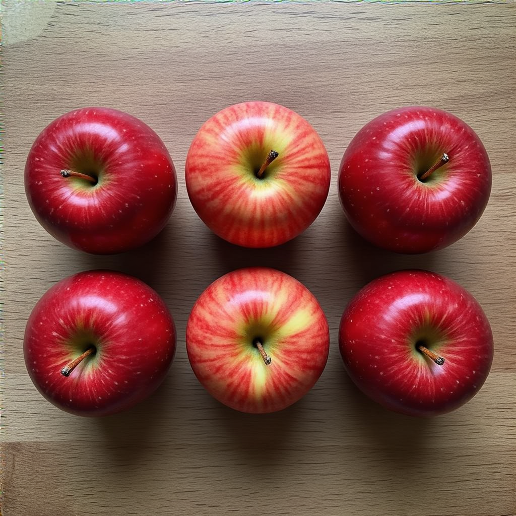 Exactly 3 red apples arranged on a wooden table