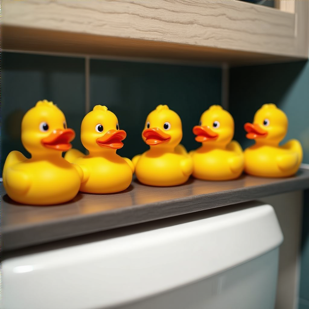 Exactly 5 yellow rubber ducks sitting in a row on a bathroom