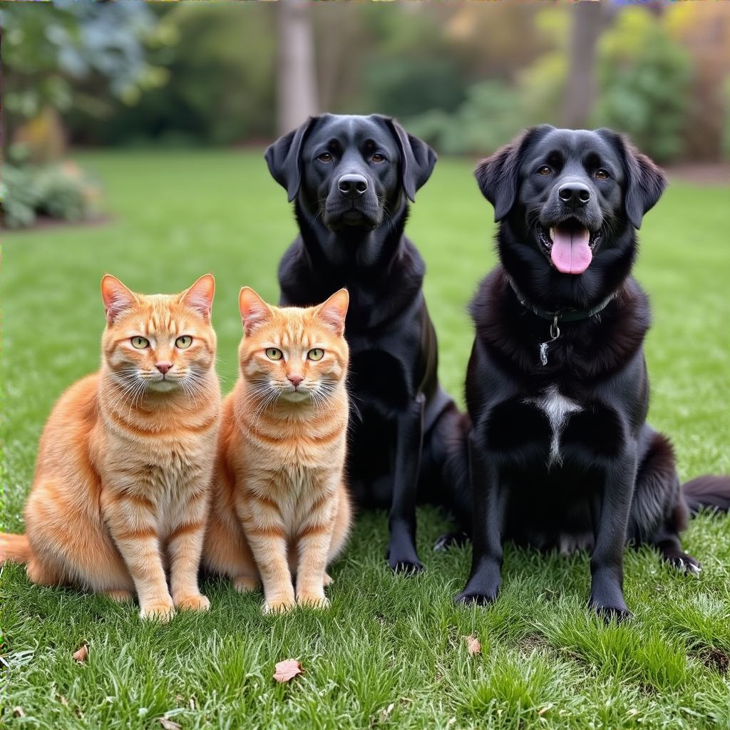 2 orange cats and 3 black dogs sitting together on a grassy 