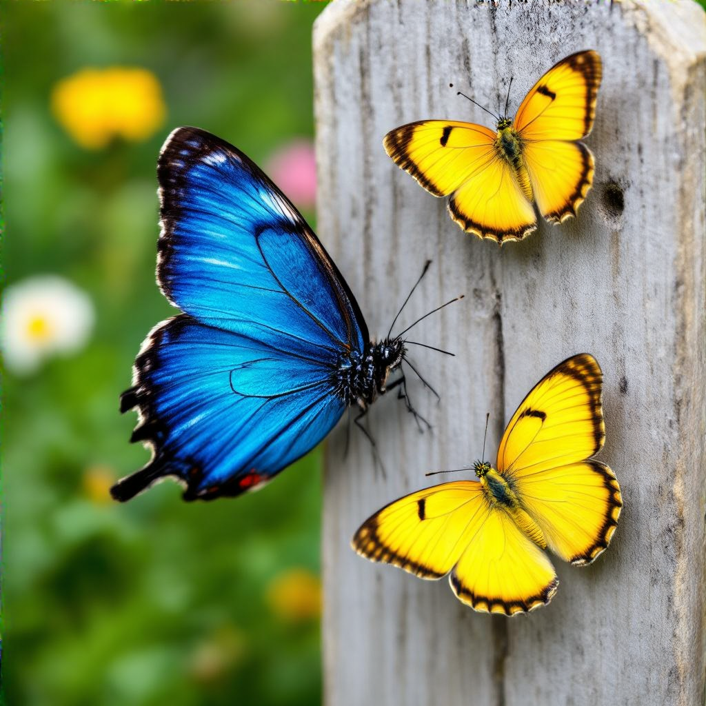 1 blue butterfly and 3 yellow butterflies resting on a garde