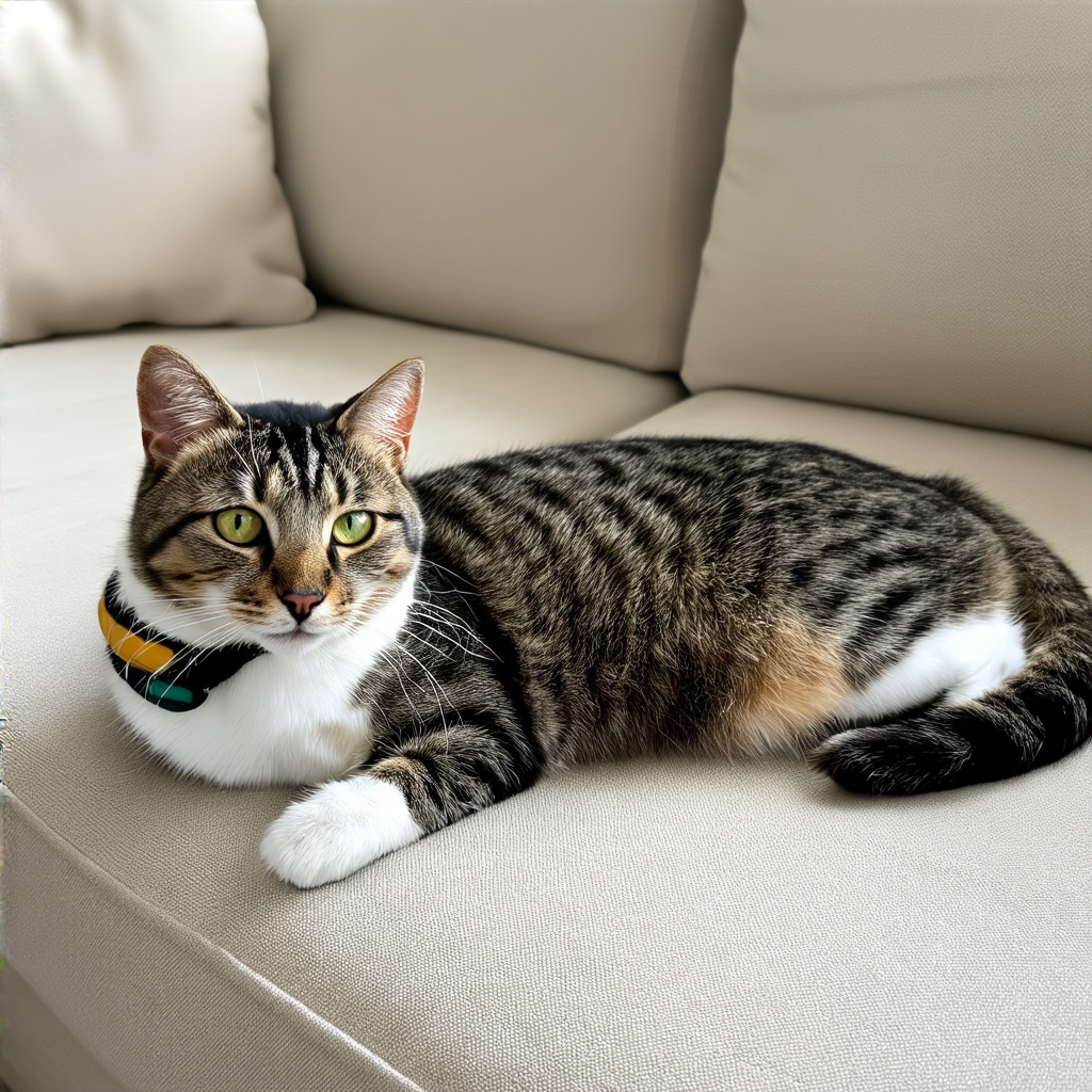 A cat lying on a couch without a collar