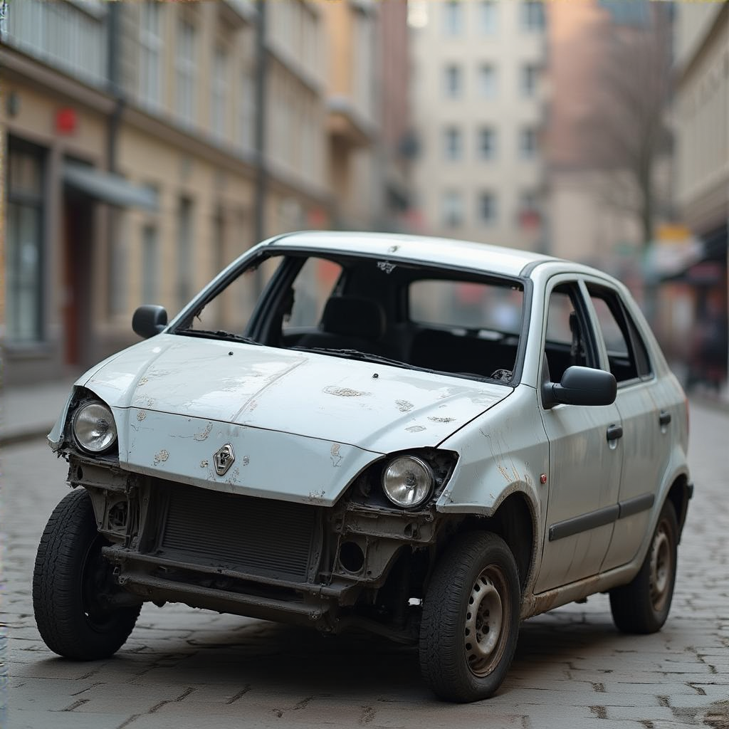 A car body with windows, doors, and headlights but no wheels