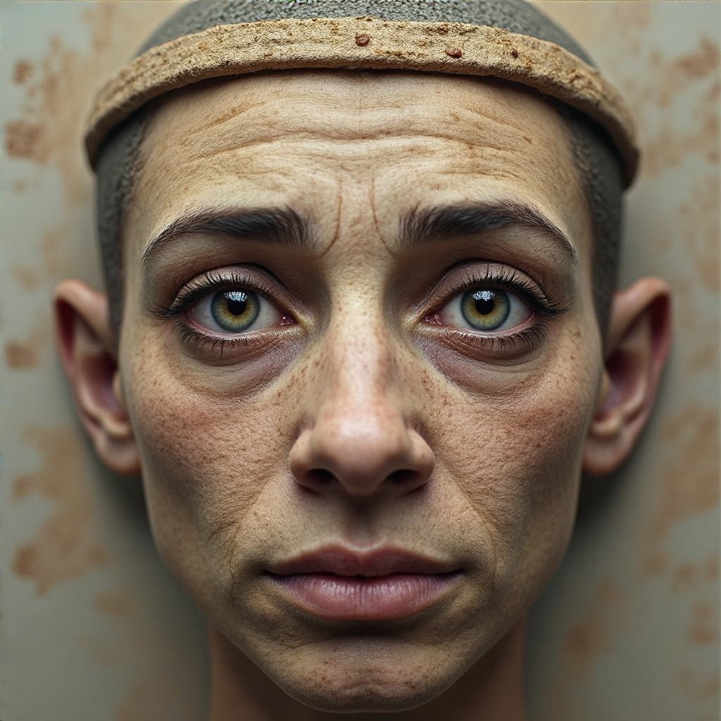 A human face with eyes, nose, and mouth but no eyebrows