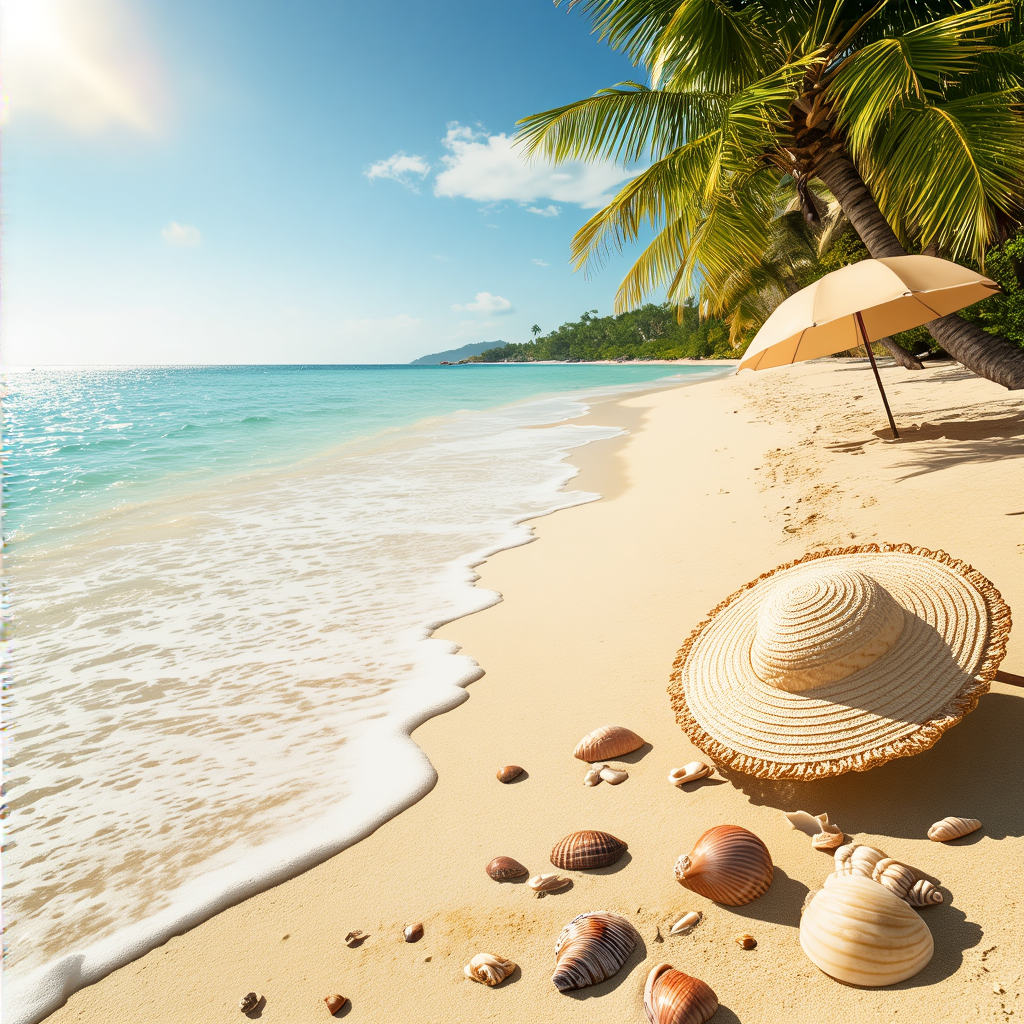 A sandy beach with palm trees, seashells, and a beach umbrel