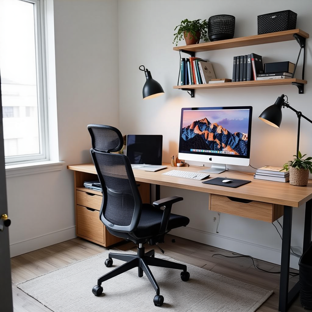 An office workspace with a desk, chair, bookshelf, and lamp 