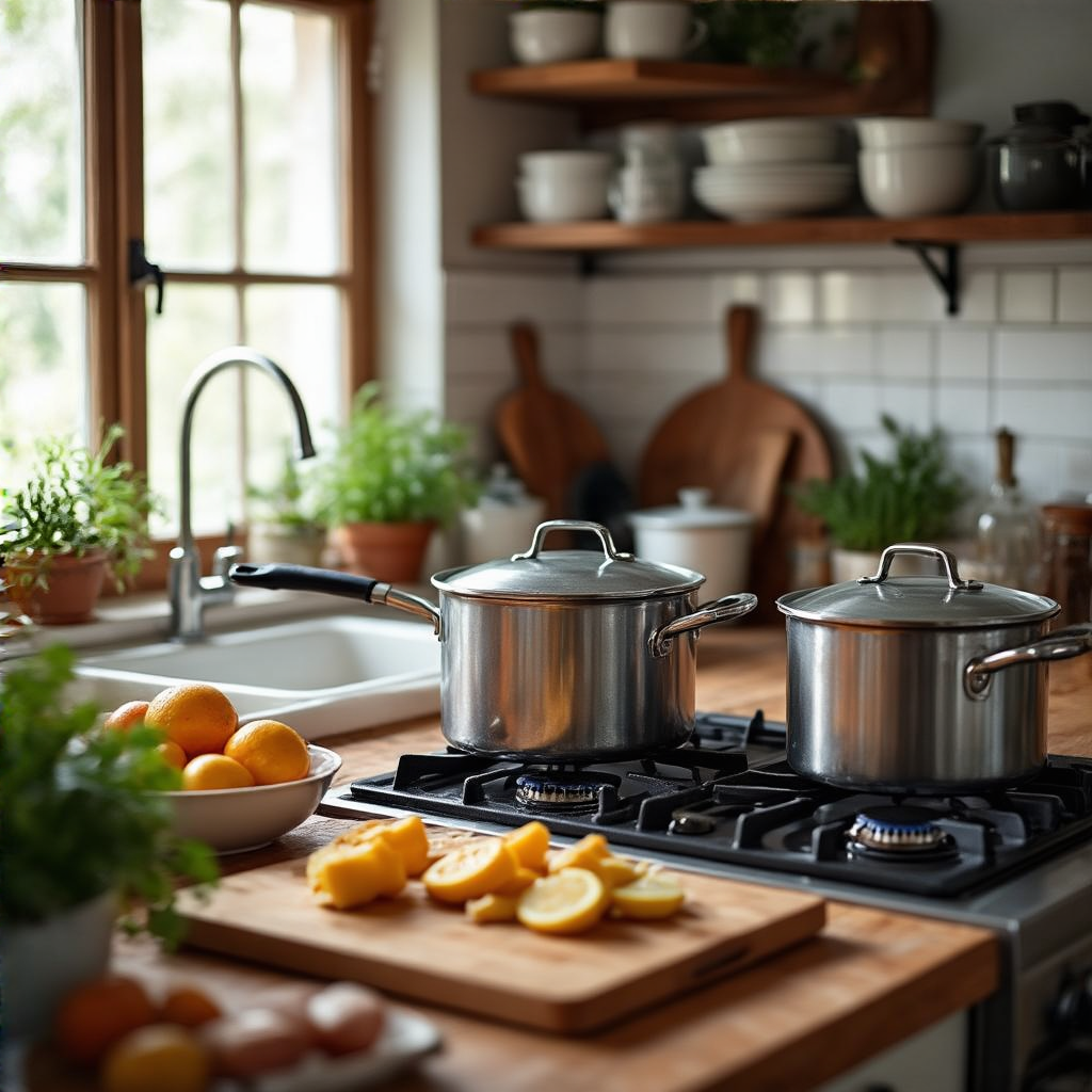 A kitchen with pots, pans, a stove, and a cutting board but 