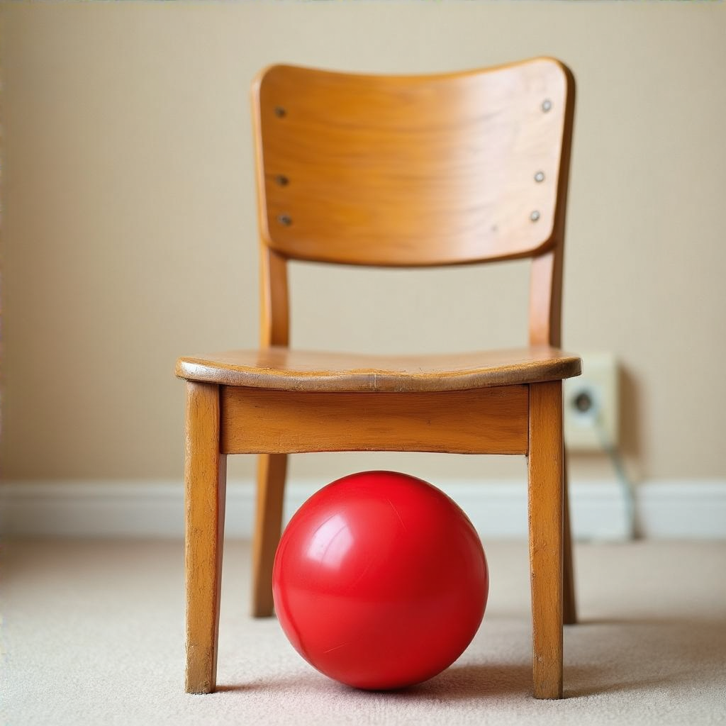 A red ball underneath a wooden chair