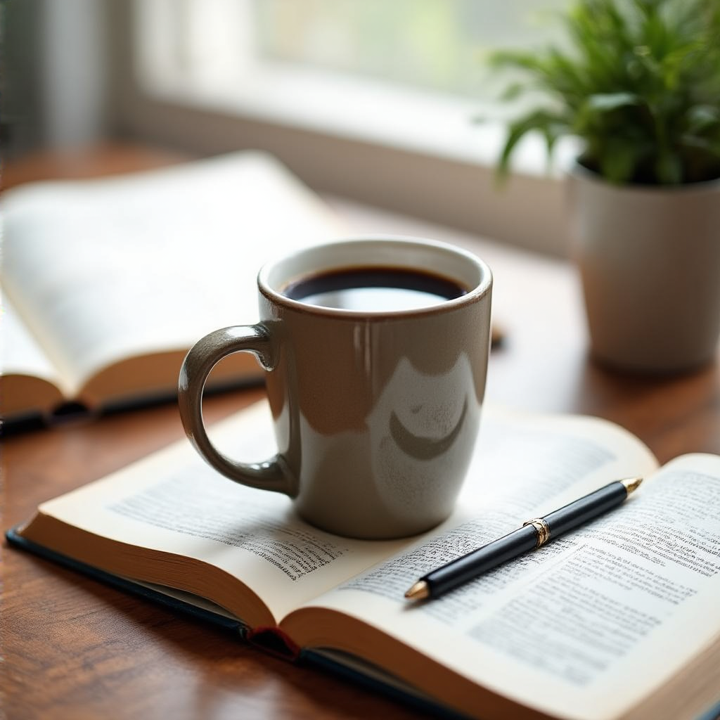 A coffee mug next to an open book on a desk