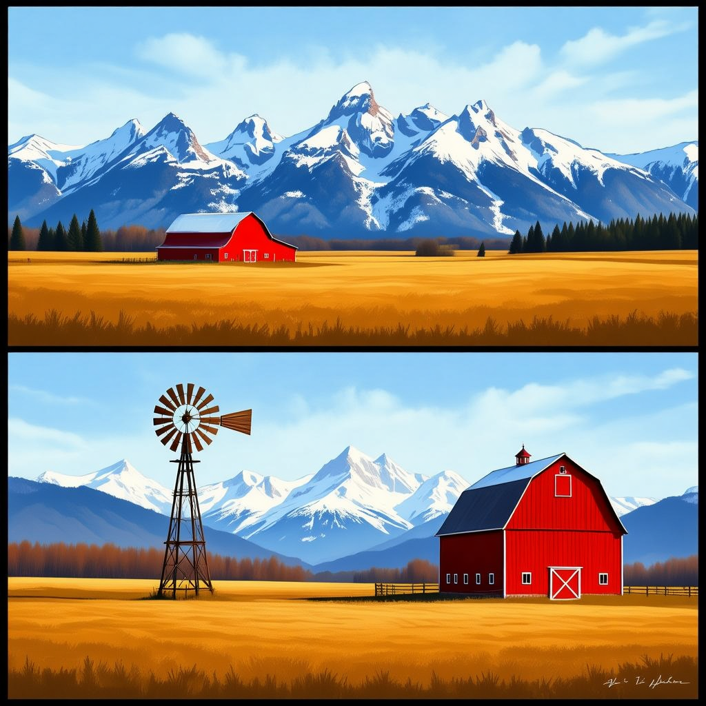 A landscape with a red barn in the foreground at large scale