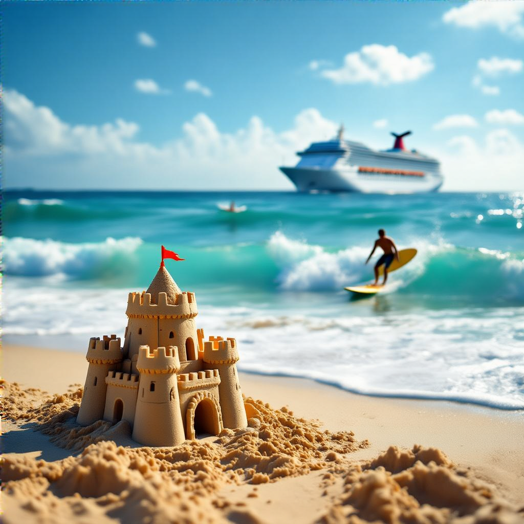 A beach scene with a sandcastle in the foreground, a surfer 