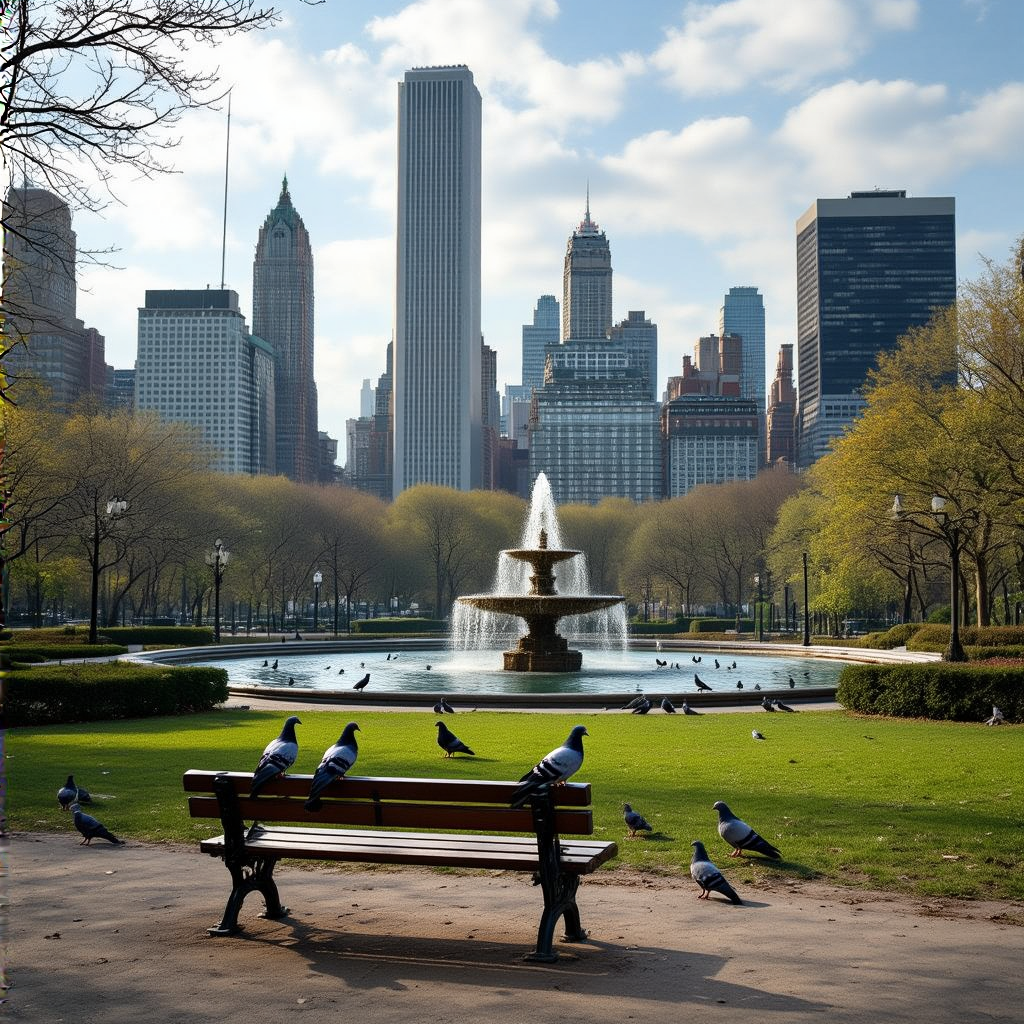 A city park with a park bench and pigeons in the foreground,