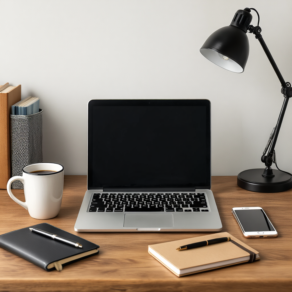 A desk scene: laptop in the center, coffee mug to the left, 