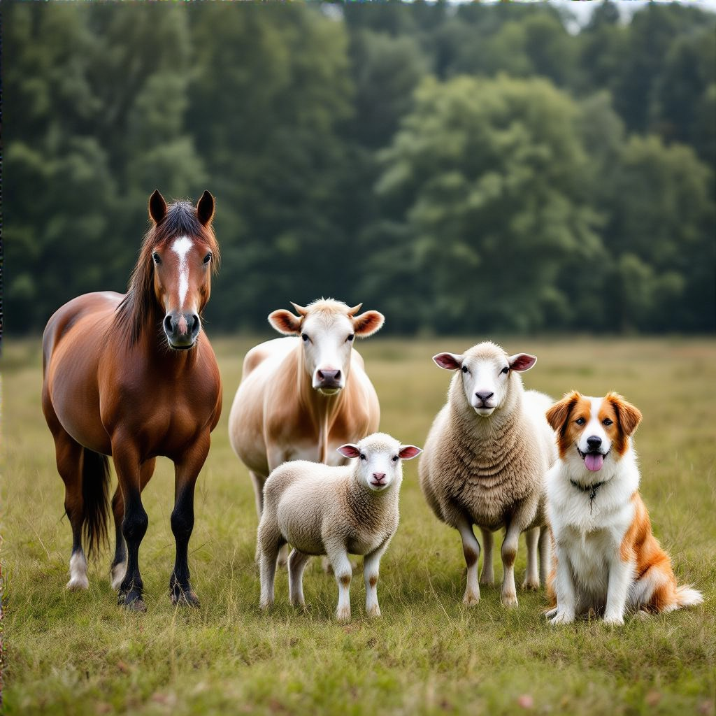 Five animals in a field: a horse on the far left, a cow to t