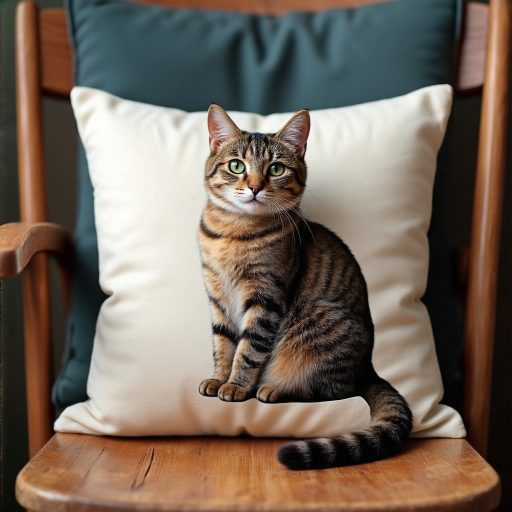 A cat sitting on a pillow, the pillow placed on a wooden cha