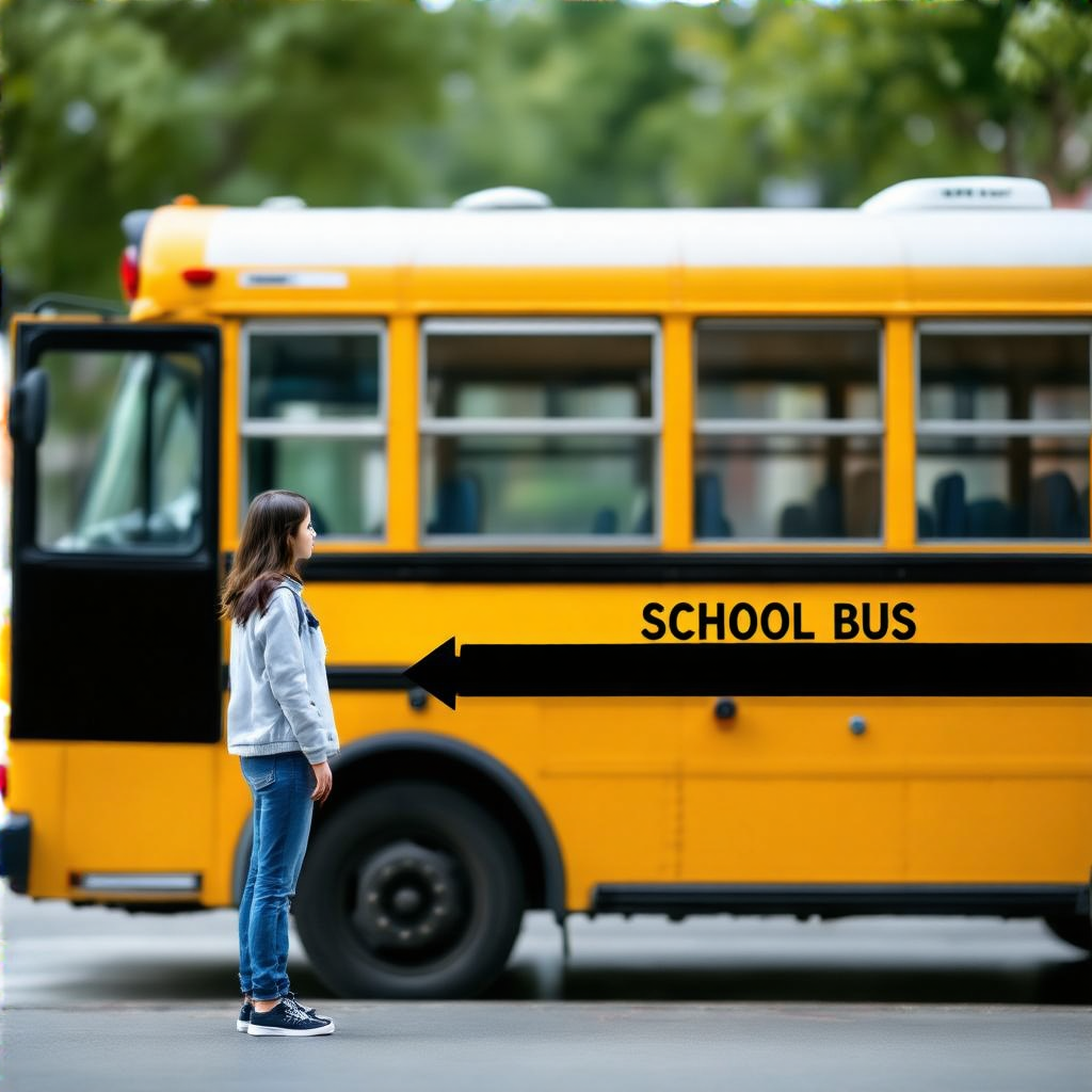 A person standing next to a yellow school bus, showing reali