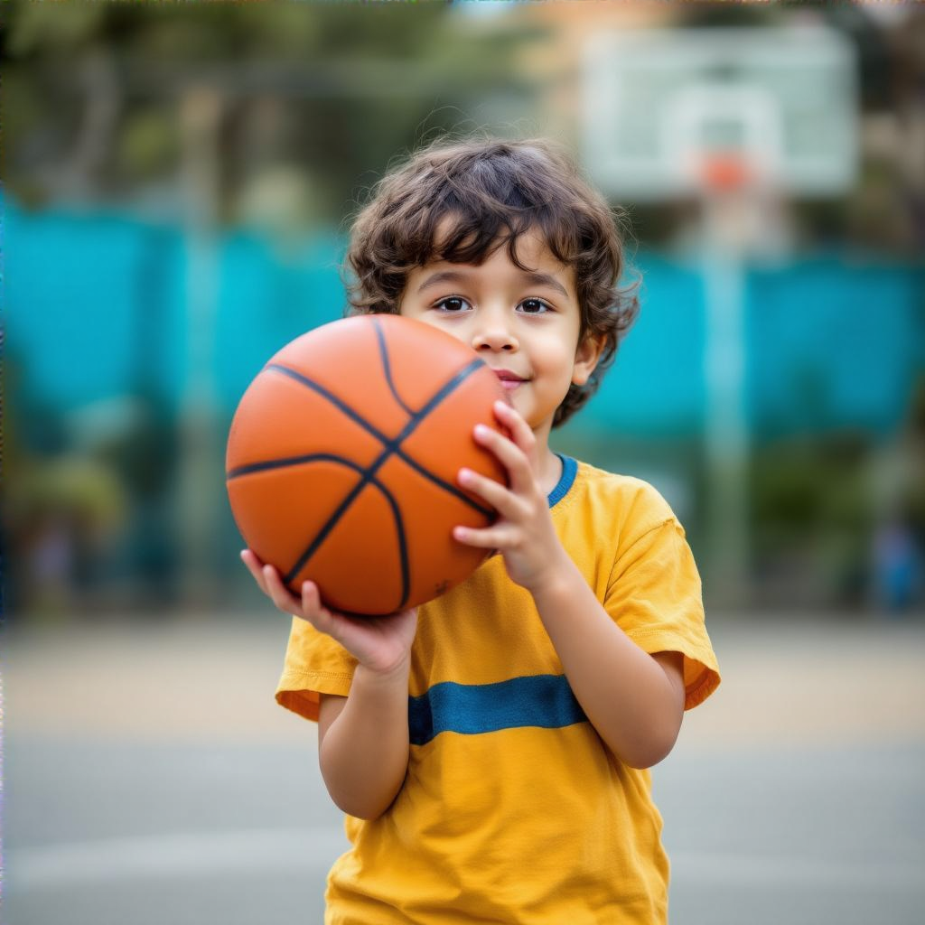 A child holding a basketball, both at correct relative sizes