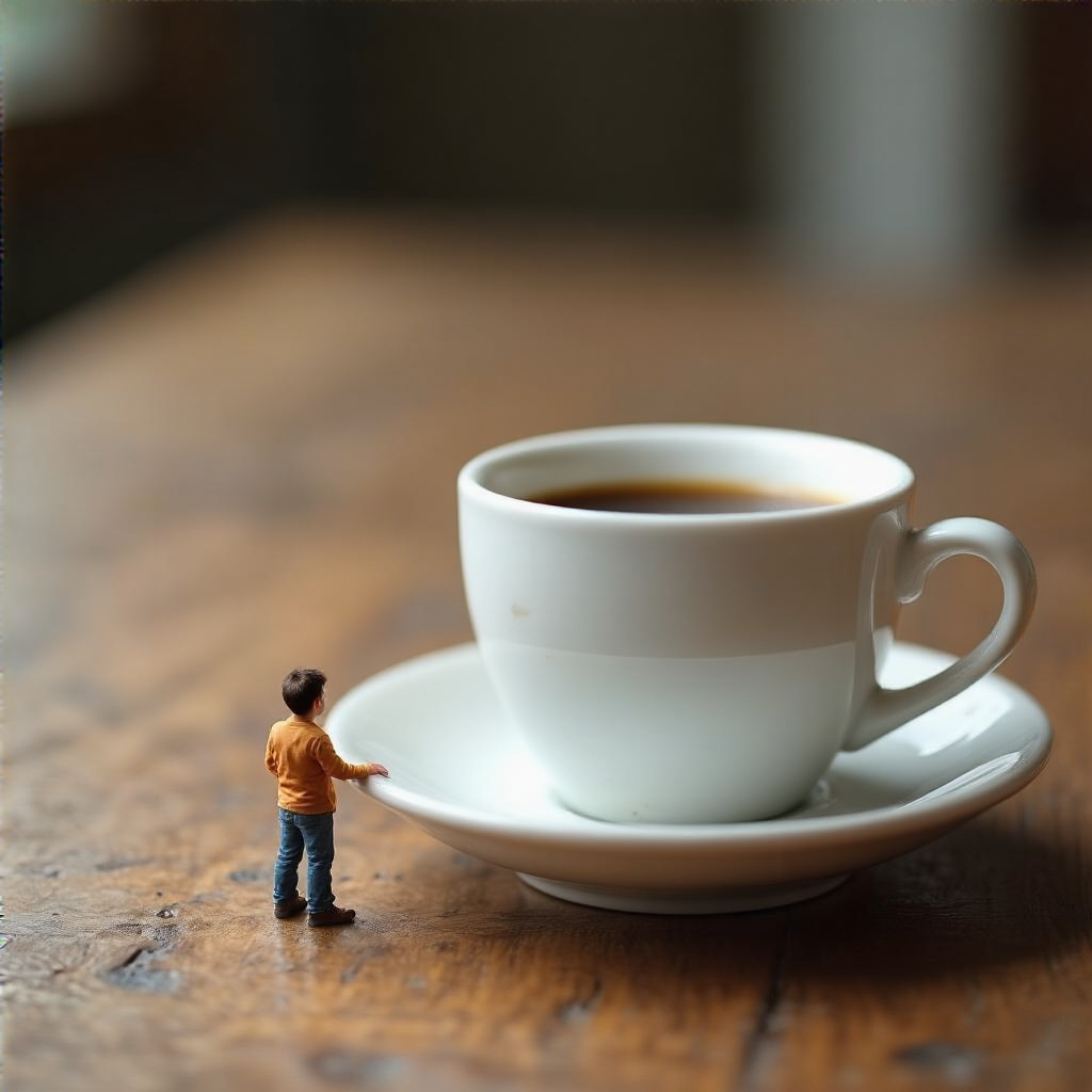 A tiny person standing on the rim of a coffee cup, looking d
