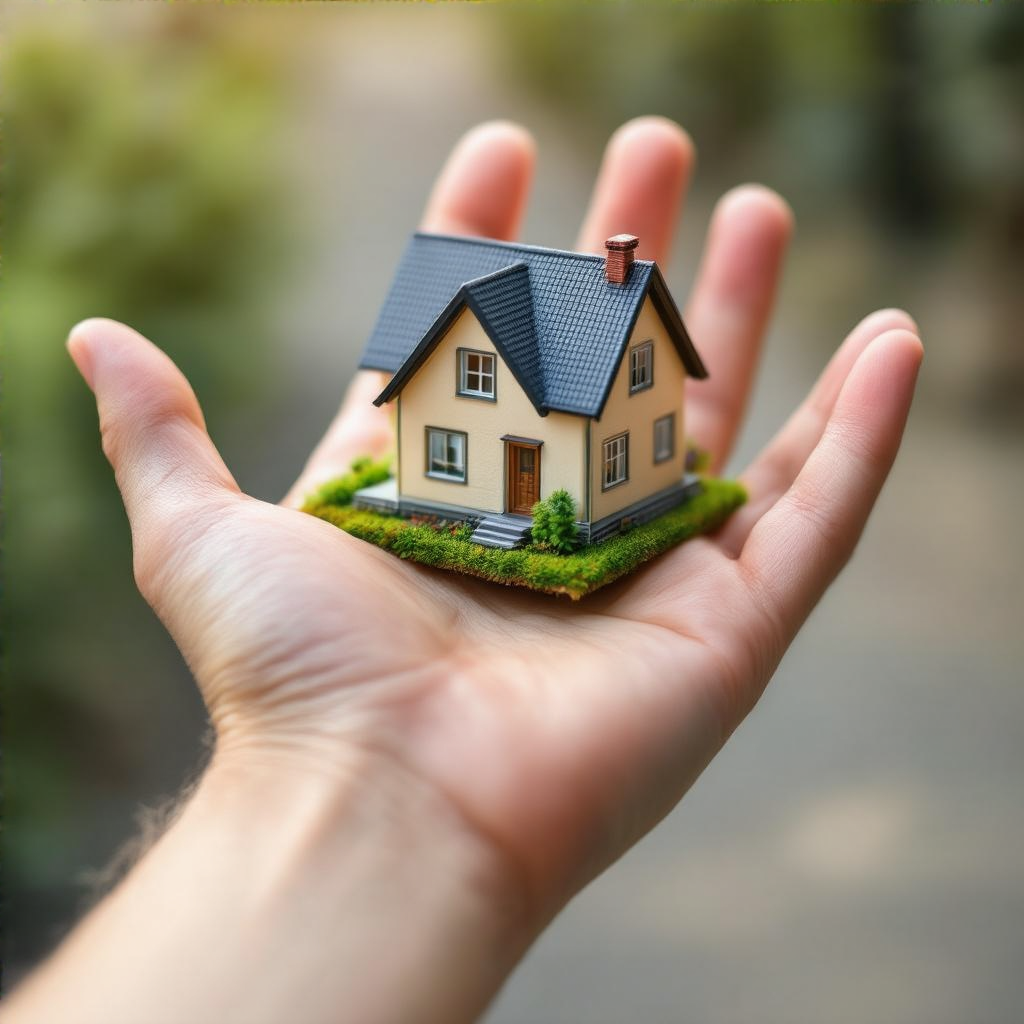 A miniature house sitting on the palm of someone's hand