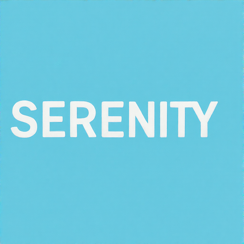 The word 'SERENITY' written large and centered on a solid li