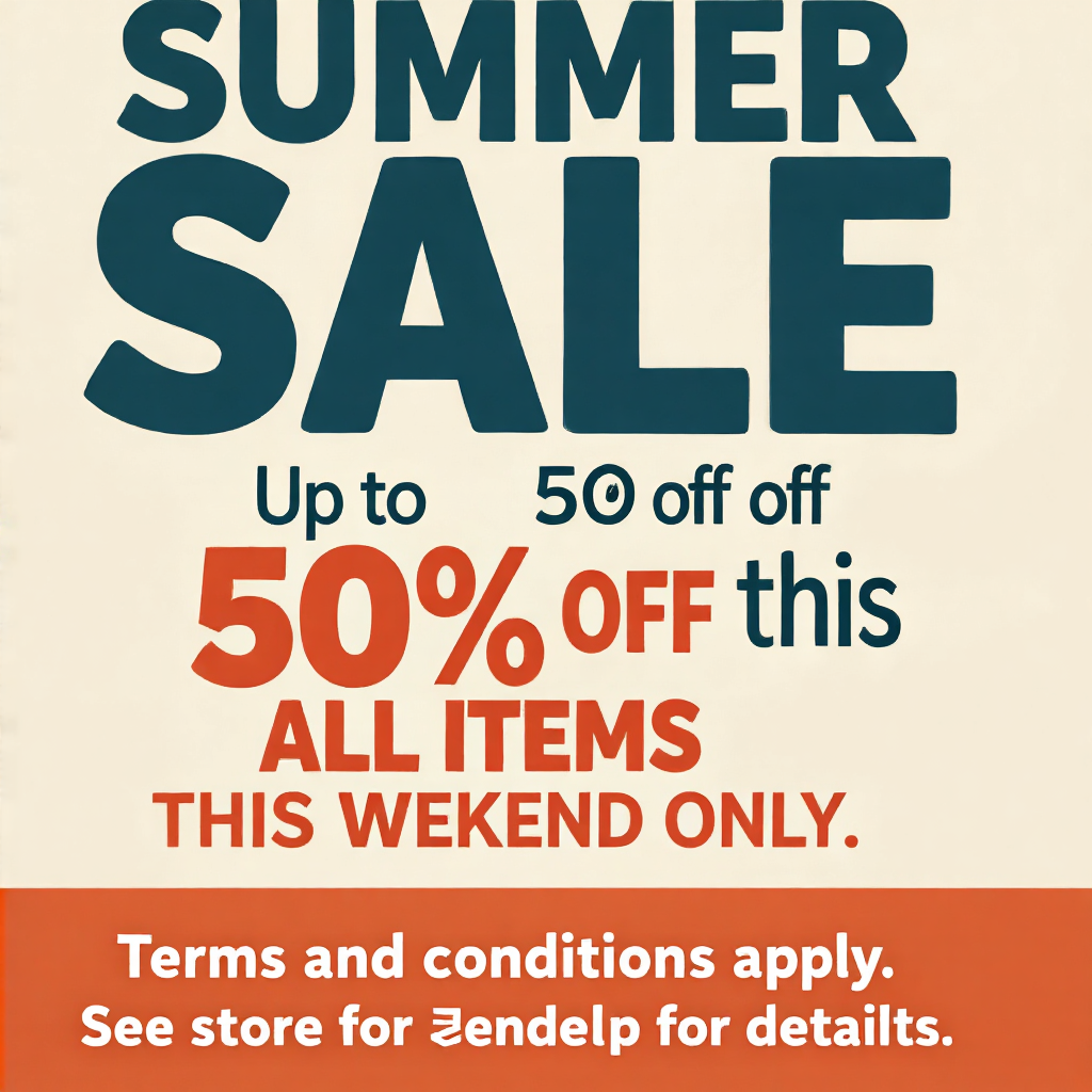 A poster with headline 'SUMMER SALE' in large bold text, bod