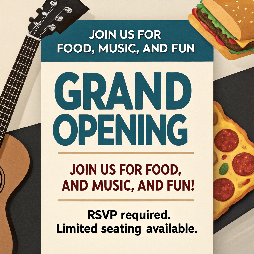 A flyer with large title 'GRAND OPENING', subtitle 'Join us 