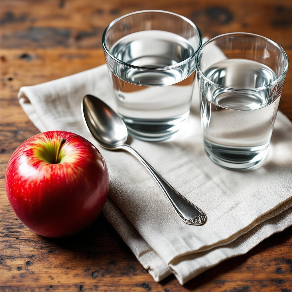 A still life on a wooden table featuring a clear glass of wa