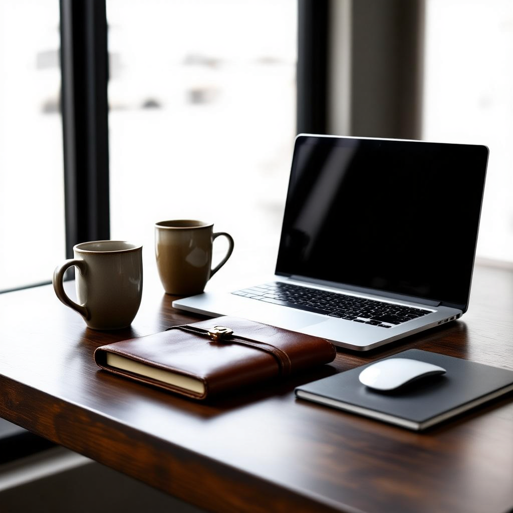 A workspace desk with a brushed aluminum laptop, a leather-b