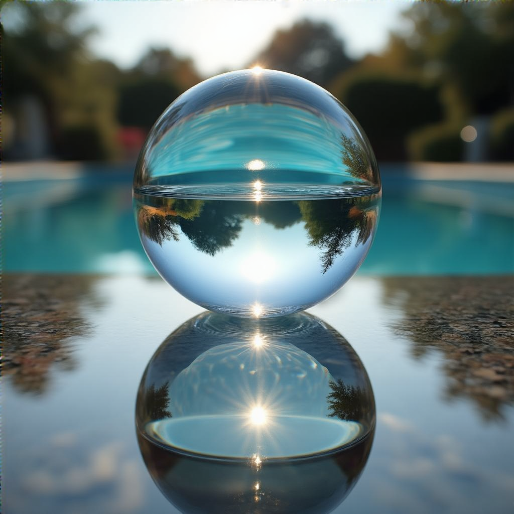A clear glass sphere sitting on a mirror surface near a pool