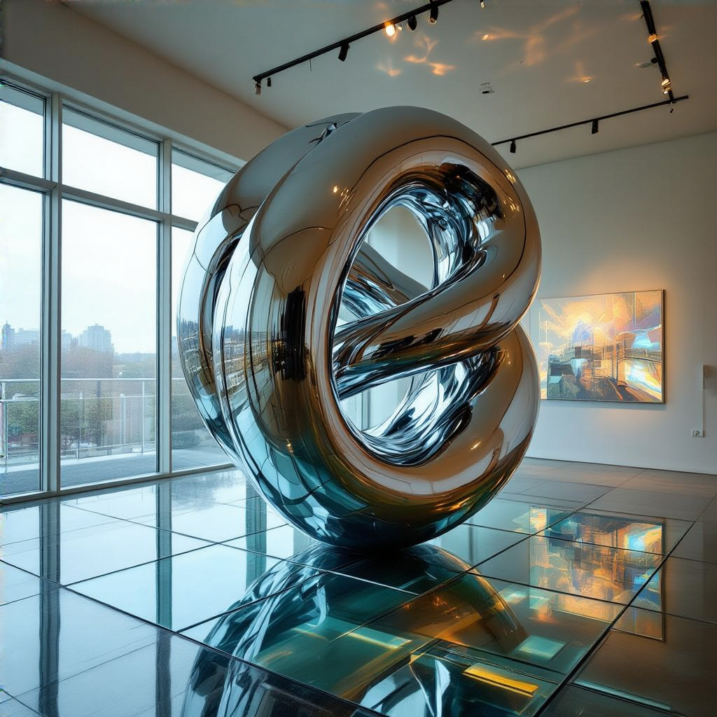 A chrome sculpture in a room with a glass floor and large wi